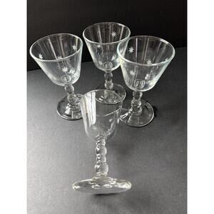 Vintage Etched Cordial Stem Glass Set (4) Star Sunburst Atomic MCM Barware